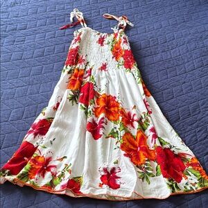 Girls White Floral Aloha Tie-Shoulder Sundress with Red & Orange Hibiscus Print